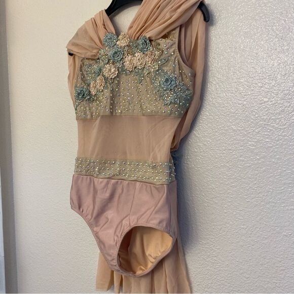 Glamour solo dance costume blush pink rhinestone custom stoned lyrical XLC child - Picture 4 of 15